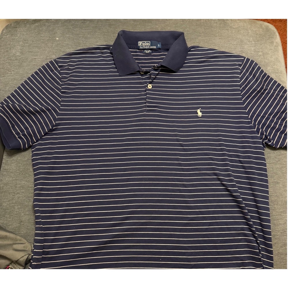 Polo Ralph Lauren Mens Large Navy Blue White Striped Pima Cotton Polo Shirt L